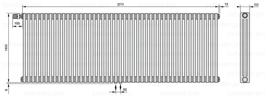 Схема (чертеж) Радиатор Zehnder Charleston 3180/45 №V007 Technoline TL